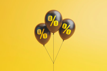 Set of black balloons with yellow percent sign floating on yellow background. Sale, discount and marketing concept. 3d render illustrationの写真素材