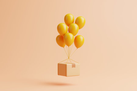 Recyclable box floats on a bunch of yellow balls on peach background. 3d render illustrationの写真素材