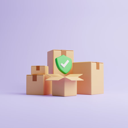 A green checkmark sign with a group of brown cardboard boxes on pastel lilac background. Concept of safe and fast deliveries. 3d render illustrationの写真素材