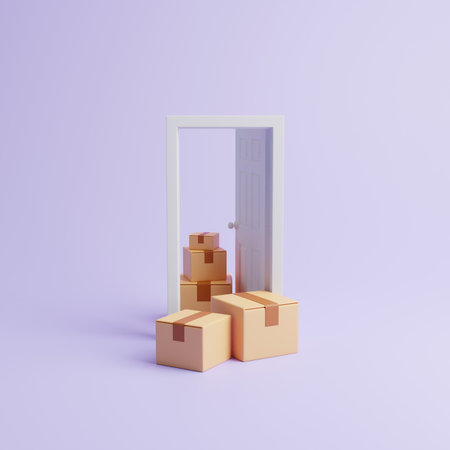 A group of cardboard boxes near the opening lilac door on a pastel lilac background. The concept of delivery, transportation and relocation. 3d render illustrationの写真素材
