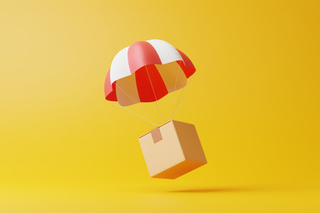 Brown parcel cardboard box with red and white parachute on yellow background. Delivery, online shopping, digital marketing and business concept. 3d render illustrationの写真素材