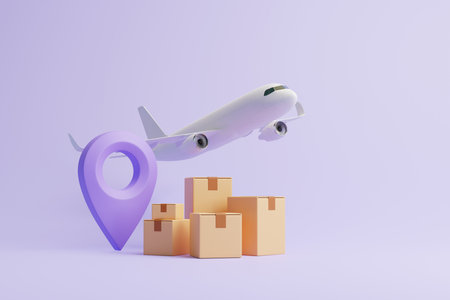 Group of brown cardboard boxes with violet location pointer and flying airplane on pastel lilac background. Concept of safe and fast deliveries. 3d render illustrationの写真素材