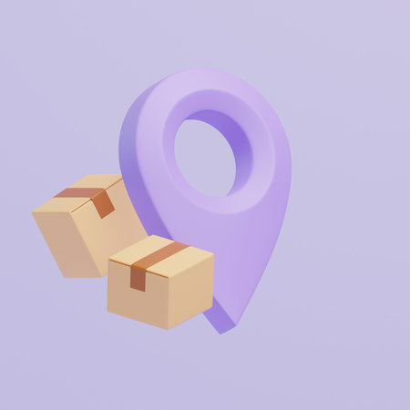 Two brown cardboard boxes with violet location pointer on pastel lilac background. Concept of safe and fast deliveries. 3d rendering illustrationの写真素材