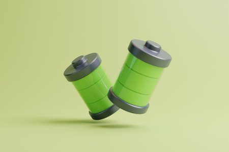 Two batteries with green level indicator on light green background. concept charge and energy. 3D renderingの写真素材