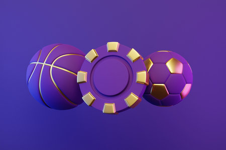 Poker chip, basketball and soccer ball on bright, violet, neon background. 3d rendering illustrationの写真素材