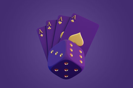 Casino dice and poker cards on a purple background. 3d rendering illustration