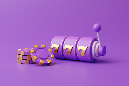 Purple slot machine with three golden sevens and poker chips on violet background. 3d rendering illustrationの写真素材