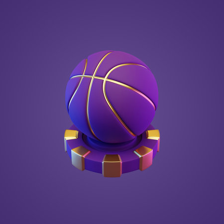 Poker chip and basketball on a purple background. 3d rendering illustrationの写真素材