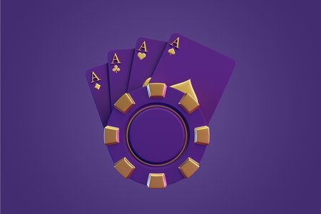Poker chip and cards on a purple background. 3d rendering illustrationの写真素材