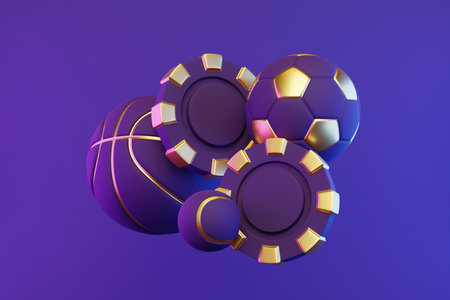 Poker chips, basketball, soccer ball and tennis ball on bright, violet, neon background. 3d rendering illustrationの写真素材