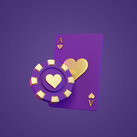 Poker chip and card on a purple background. 3d rendering illustration