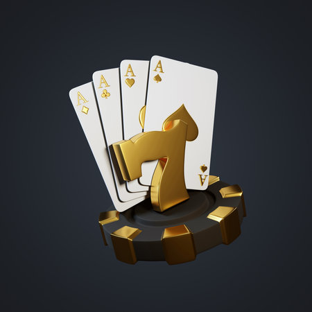 Set of cards, poker chip and three sevens on a dark background. 3d rendering illustrationの写真素材