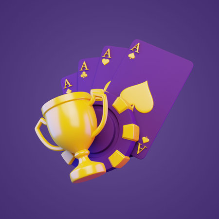 Casino trophy, cards and poker chips on a purple background. 3d rendering illustrationの写真素材