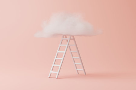 Step ladder leading to fluffy cloud on a pastel pink background. Growth, business success, development concept. Minimal creative composition. 3d rendering illustrationの写真素材