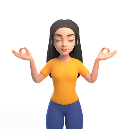 Cartoon girl in a yellow t-shirt and jeans meditates on a white background. meditation practice. Concept of zen, harmony, yoga, meditation, relax, recreation, healthy lifestyle. 3D renderingの写真素材