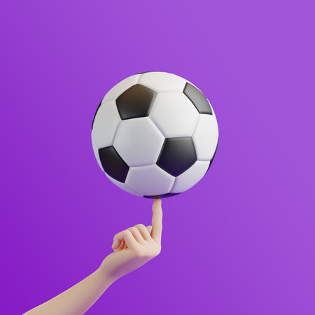 Cartoon hand holding soccer ball on a purple background. 3D rendering illustrationの写真素材