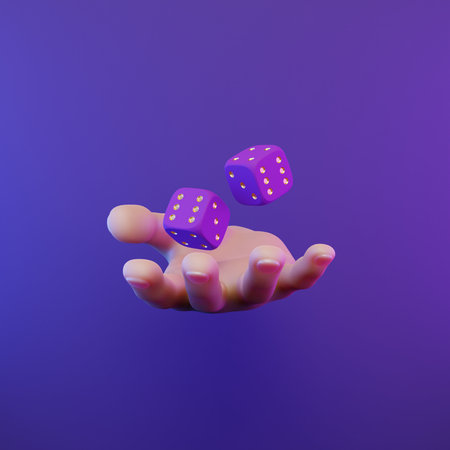 Cartoon hand tossing dice into the air on a purple background. 3d render illustrationの写真素材