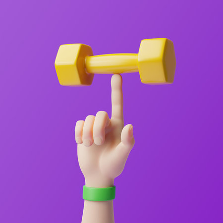Cartoon hand holding light dumbbell with one finger on a purple background. 3D rendering illustrationの写真素材