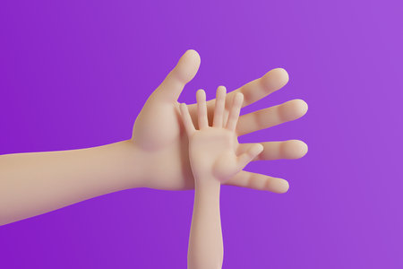 Cartoon hand of mom or dad is holding a small child's hand in his hand on a purple background. 3d rendering illustrationの写真素材
