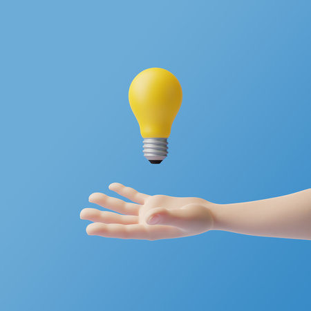 Cartoon hand holding a light bulb that floats in the air on a blue background. 3d rendering illustrationの写真素材