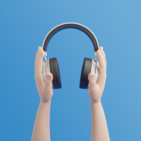 Headphones in cartoon hands on a blue background. 3d rendering illustrationの写真素材