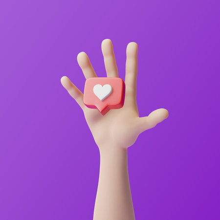 Cartoon hand with heart in speech bubble icon on a purple background. Love like heart social media notification icon. Emoji, chat and Social Network. 3d rendering, 3d illustrationの写真素材
