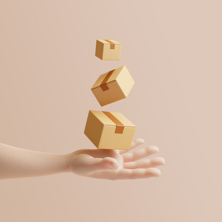 Cartoon hand with falling cardboard boxes on pastel beige background. Concept of transportation and delivery. 3d rendering illustrationの写真素材