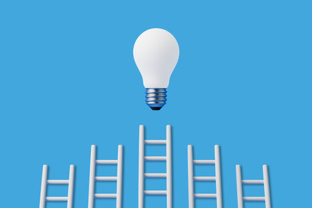 Stairs reach a light bulb representing an idea or business on a blue background. 3d rendering illustrationの写真素材
