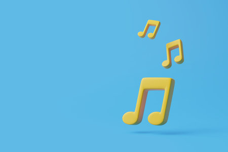 Musical notes fly on blue background with copy space. 3d rendering illustrationの写真素材