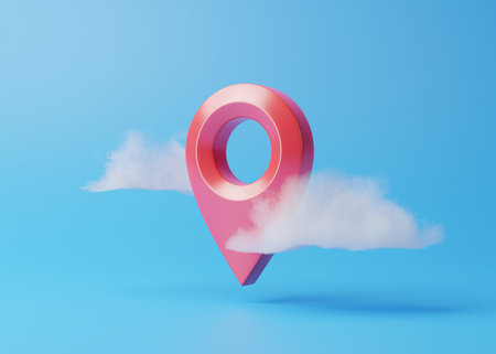 Red map location point marker or navigation pin icon sign flying in the clouds on a blue background. 3d rendering illustrationの写真素材