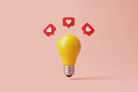 Light bulb with like heart icons around on pink background. 3d rendering illustrationの写真素材