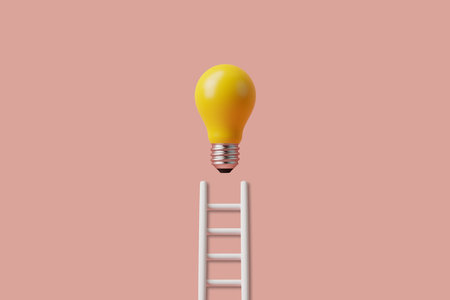 The stairs reach a light bulb representing an idea or business on a pastel background. 3d render illustrationの写真素材
