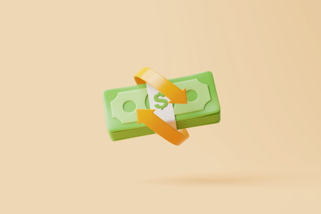 Bundle of dollar banknotes with gold arrow on beige background. Money payment, economic and business concept. simple 3d render illustrationの写真素材