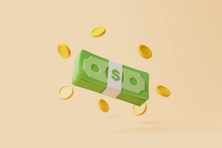 Set of Bundles of money and gold coins floating on beige background. USD dollars. Money and payment concept. Minimalist 3d render illustrationの写真素材
