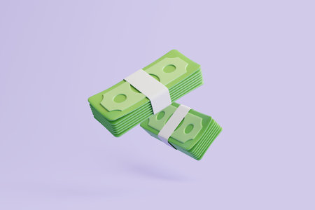 Bundles of money on purple background. USD dollars. Money and payment concept. Minimalist 3d render illustrationの写真素材