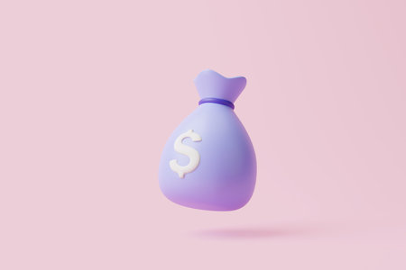 Purple money bag icon with white dollar sign on pink pastel background. minimalist cartoon style. Concept of business, financial investment or savings. 3d render illustrationの写真素材
