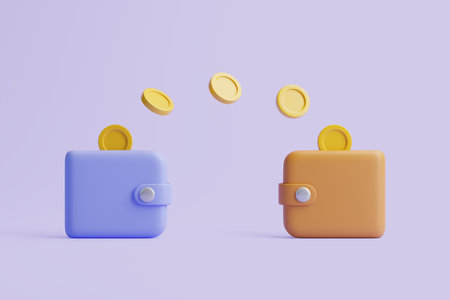 Transfer of gold coins between two wallets on a pastel background. Concept of business, economy and online payment. 3d rendering illustrationの写真素材