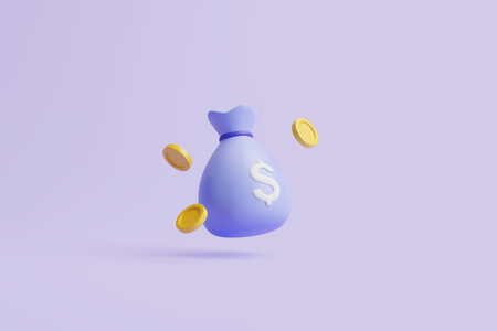 Money bag with white dollar sign and gold coins on purple pastel background. Minimalist cartoon style. Concept of business, financial investment or savings. 3d render illustrationの写真素材