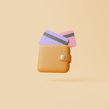 Brown wallet icon with credit cards on pastel beige background. 3d rendering illustrationの写真素材