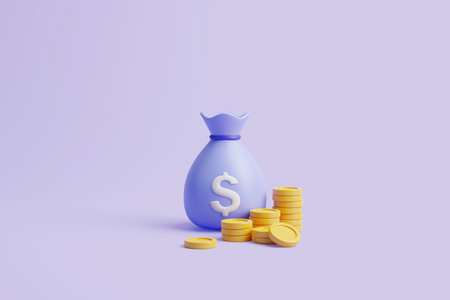 Money bag with white dollar sign and pies of gold coins on purple pastel background. minimalist cartoon style. Concept of business, financial investment or savings. 3d render illustrationの写真素材