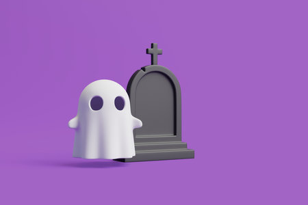 Simple halloween cartoon ghost with grave on purple background. Happy Halloween concept. Traditional october holiday. 3d rendering illustrationの写真素材