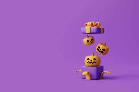 Opened gift box with Halloween Jack-o-Lantern pumpkins on purple background. Happy Halloween concept. Traditional october holiday. 3d rendering illustrationの写真素材