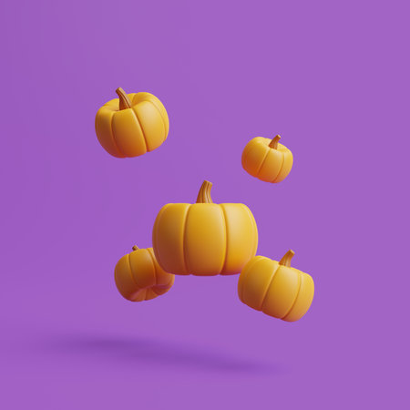 Jack-o-Lantern pumpkins floating on purple background. Happy Halloween concept. Traditional october holiday. 3d rendering illustrationの写真素材