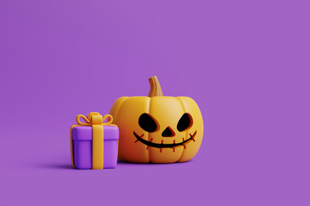 Cartoon gift box with Halloween Jack-o-Lantern pumpkin on purple background. Happy Halloween concept. Traditional october holiday. 3d rendering illustrationの写真素材