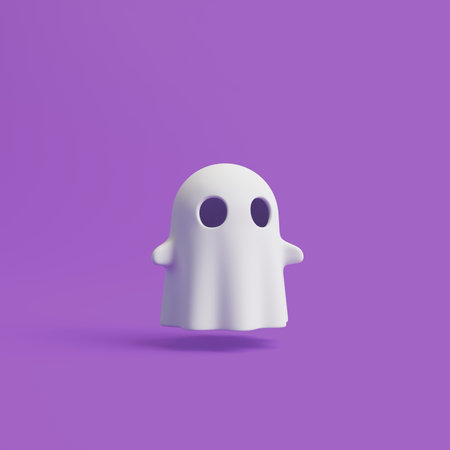 Simple halloween cartoon ghost on purple background. Happy Halloween concept. Traditional october holiday. 3d rendering illustrationの写真素材