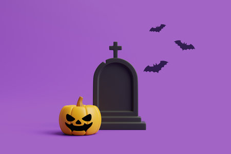 Jack-o-Lantern pumpkin with bats and grave on purple background. Happy Halloween concept. Traditional october holiday. 3d rendering illustrationの写真素材