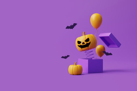 Jack-o-Lantern pumpkin with bats and balloons pops out of the box on purple background. Happy Halloween concept. Traditional october holiday. 3d rendering illustrationの写真素材