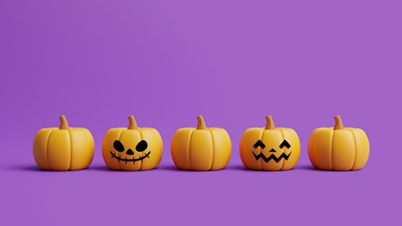 Jack-o-Lantern pumpkins lined up on purple background. Happy Halloween concept. Traditional october holiday. 3d rendering illustrationの写真素材
