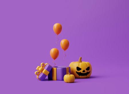 Opened gift box with balloons and Halloween Jack-o-Lantern pumpkins on purple background. Happy Halloween concept. Traditional october holiday. 3d rendering illustrationの写真素材