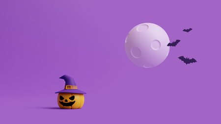 Jack-o-Lantern pumpkin wearing witch hat and bats under the moon on purple background. Happy Halloween concept. Traditional october holiday. 3d rendering illustrationの写真素材